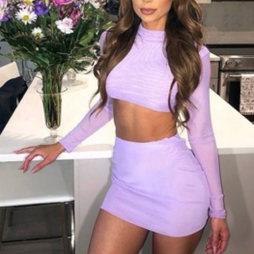 Fashion Nova 2 piece Mesh Top and Skirt Set Sz S - Lavender/Light Purple